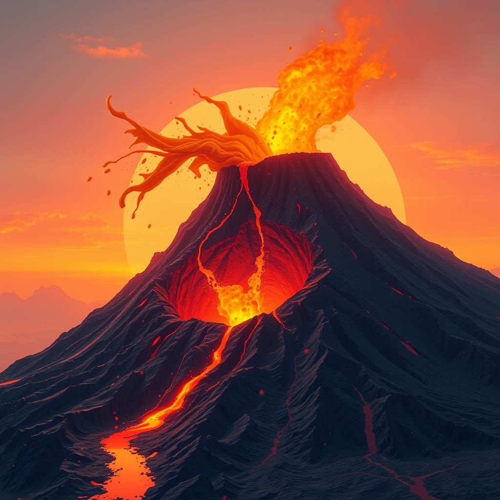 Volcano Eruption with Orange Lava, Futuristic Art Style