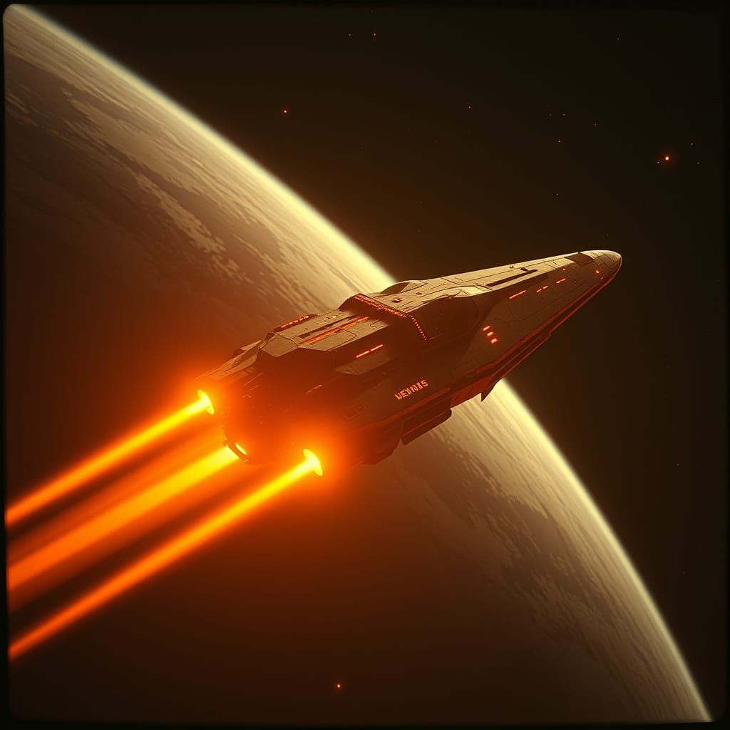 Majestic Spaceship in Breathtaking Orange-Hued Orbit
