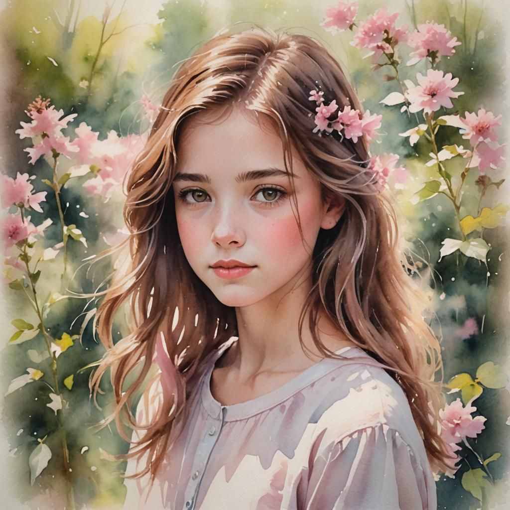 Impressionistic Watercolor of Girl with Pink Highlights