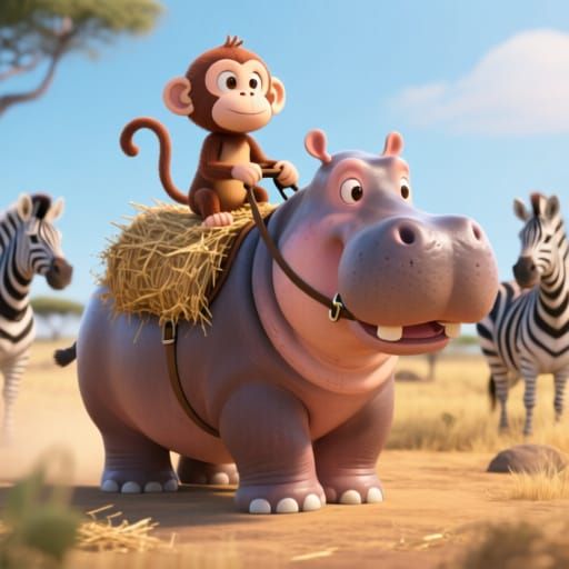 Cartoon Monkey Rides Hippo Through Savanna