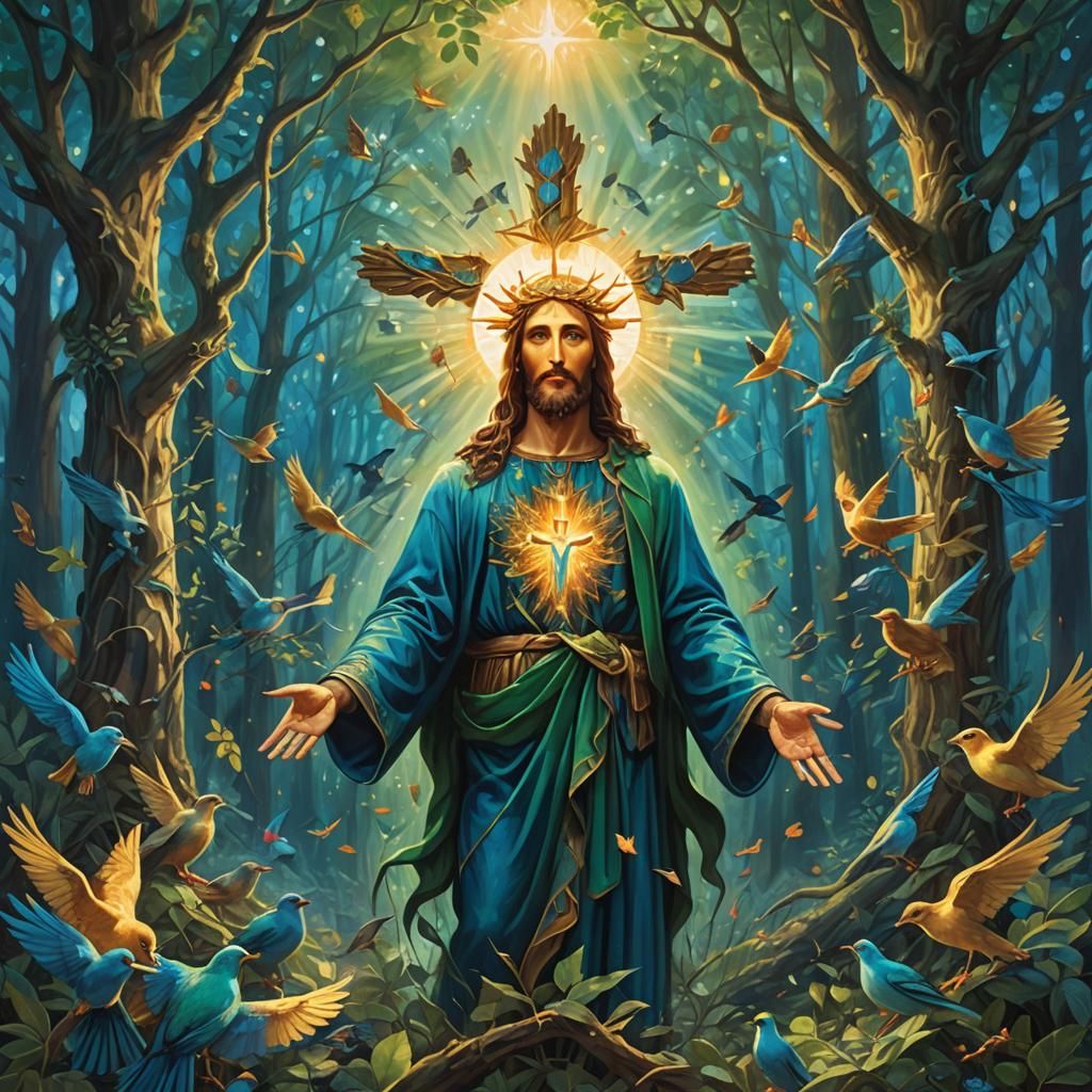 Christ of Forest with Blue Fire Heart: Surreal Art