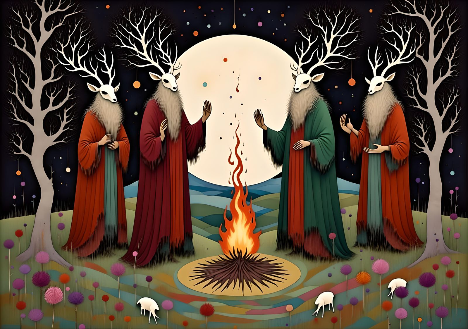 Mystical Druids Praying to the Moon