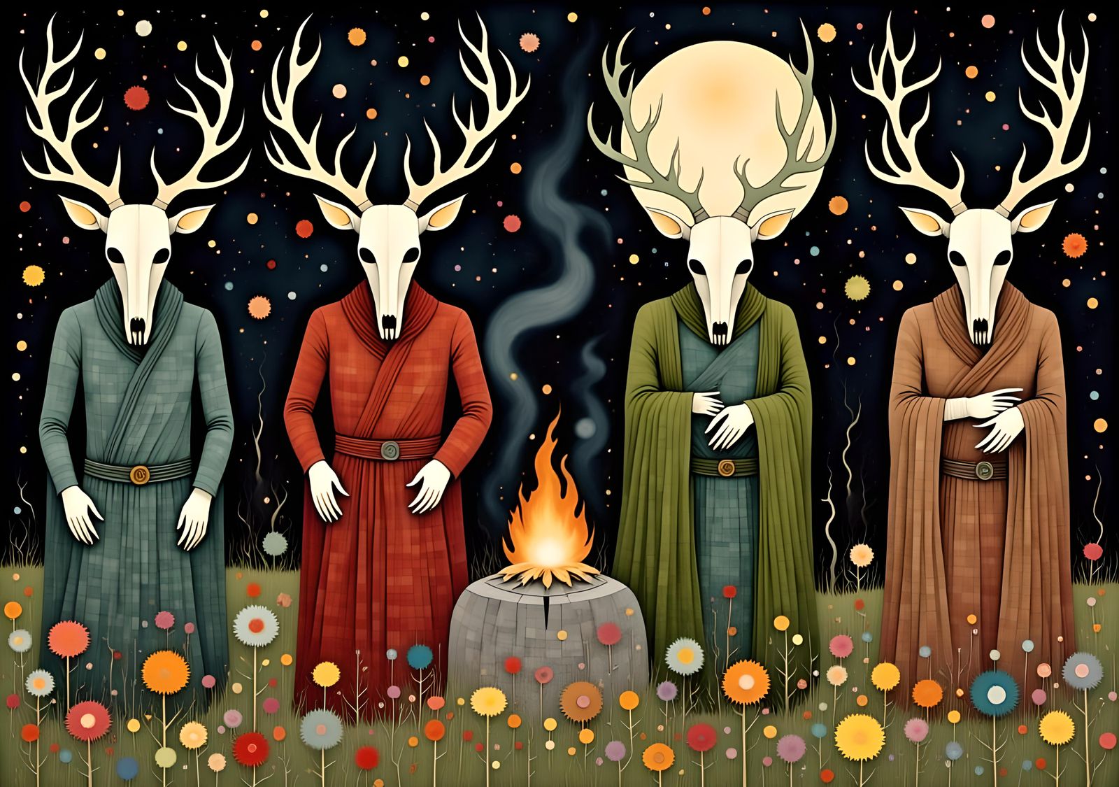 Druids Praying to the Moon in Mystical Scene