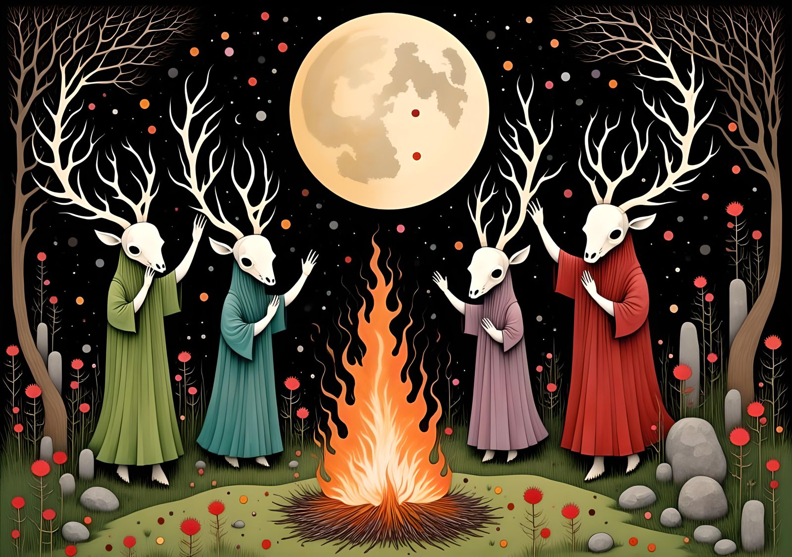 Druids Praying to Moonlit Standing Stones