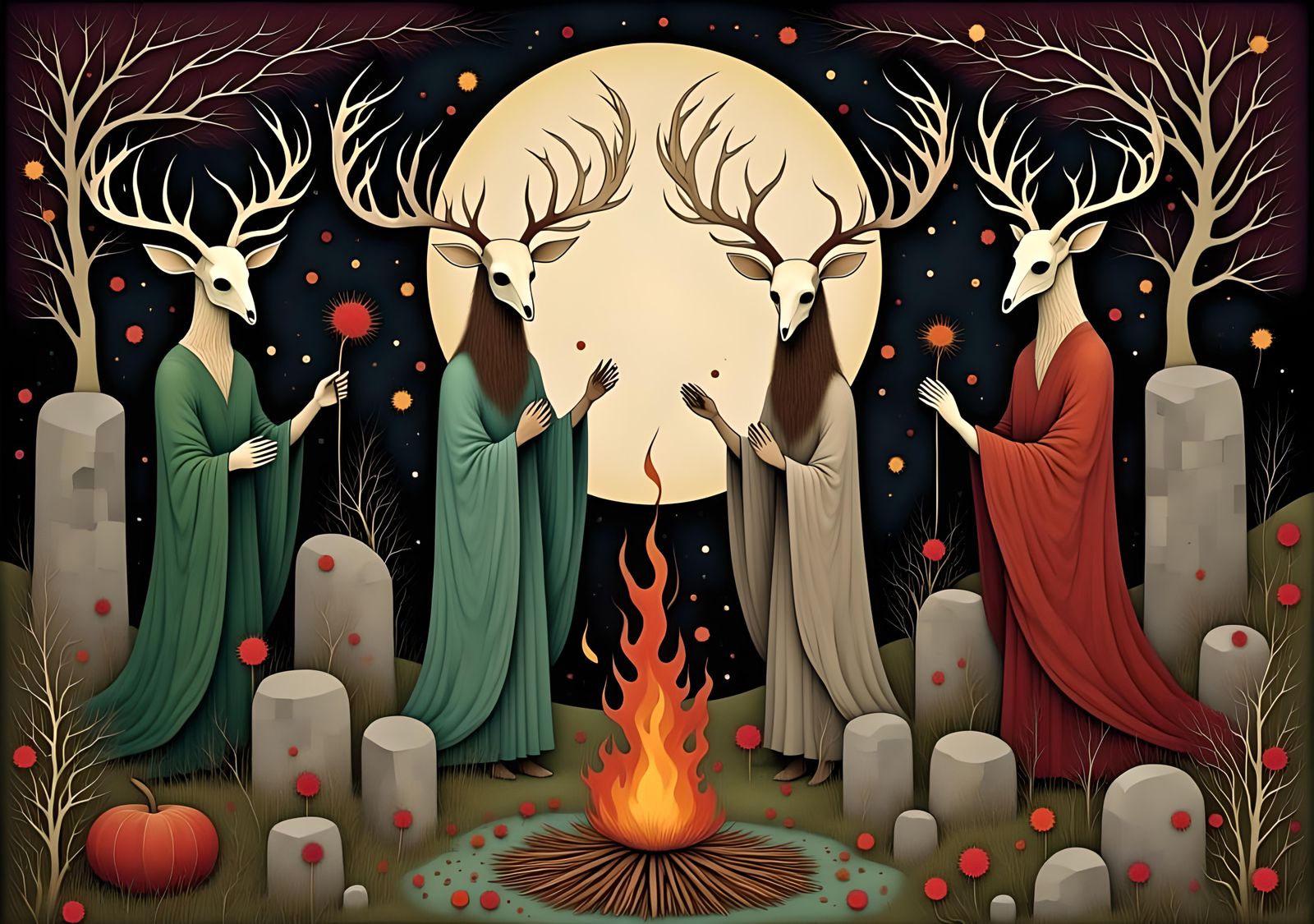 Mystical Druids Praying to the Moonlit Night