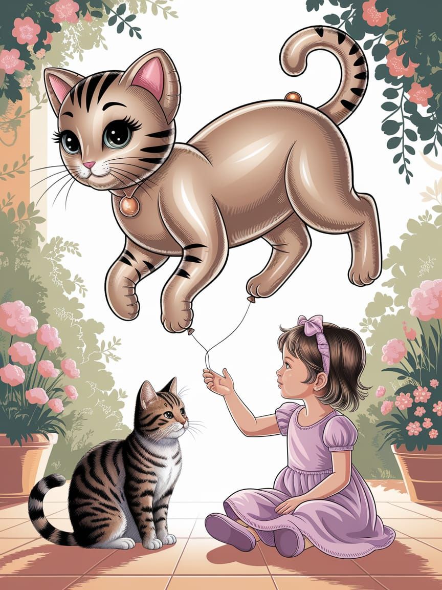 Elegant Cat Balloon in Sunlit Garden Illustration