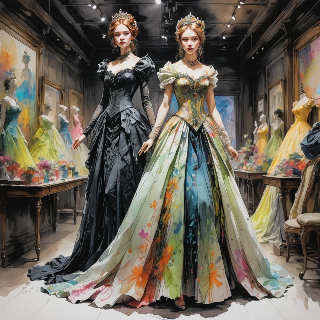 Vintage Dress Shop Scene in Watercolor and Ink