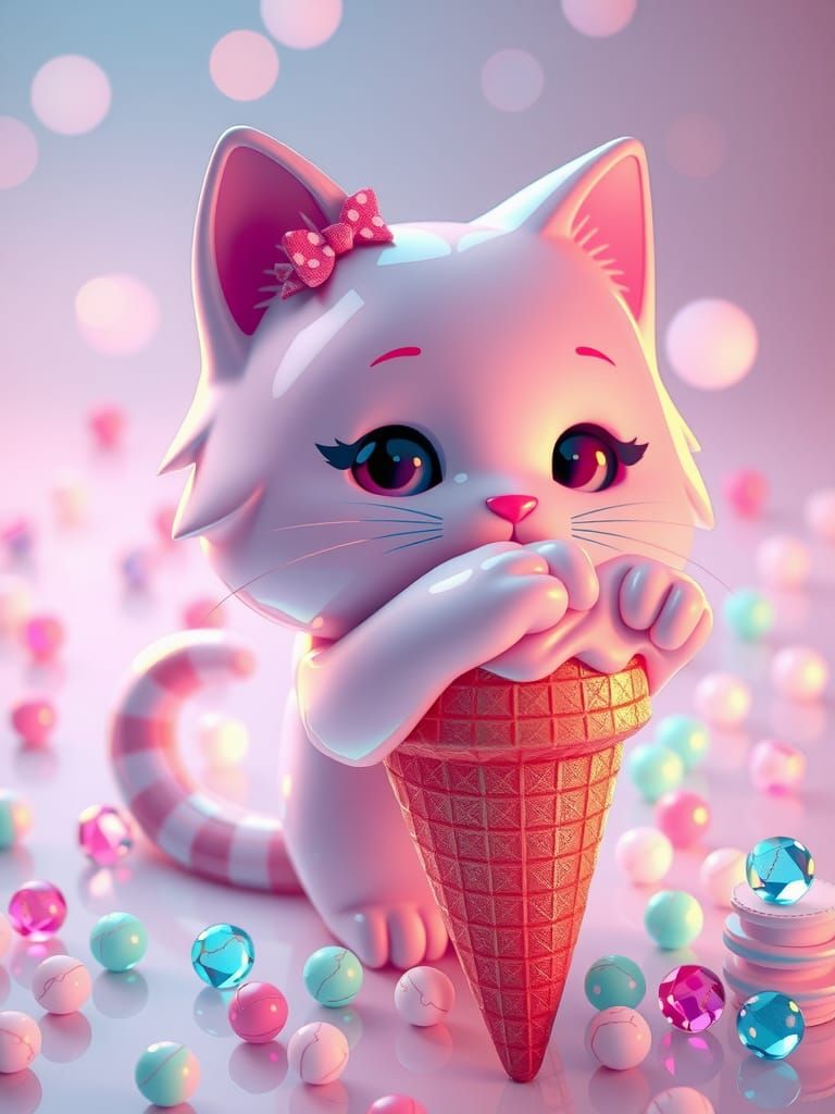 Kitty Ice Cream Cone in Chibi Style