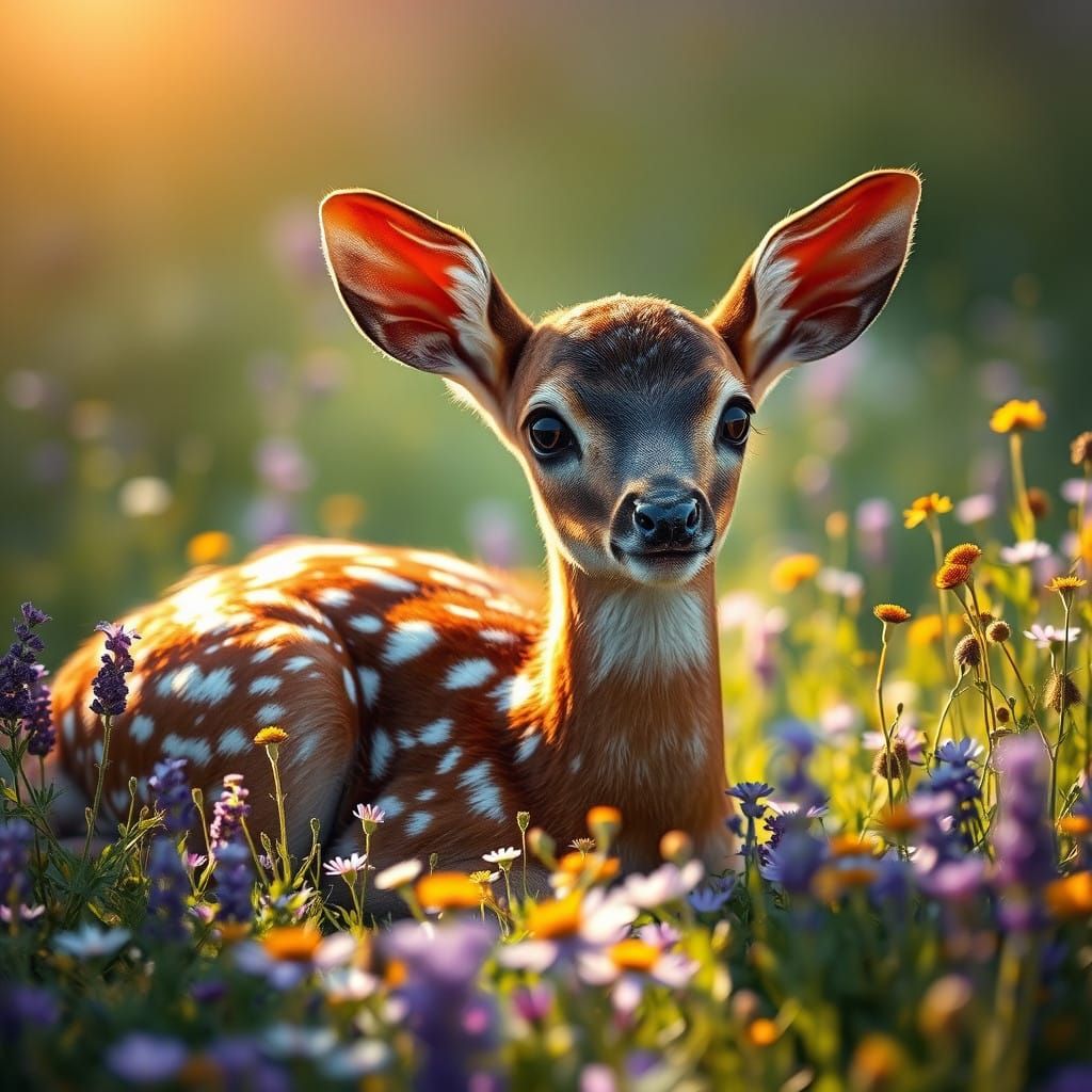 Serene Fawn in Vibrant Meadow, in Hyper-Realistic Style