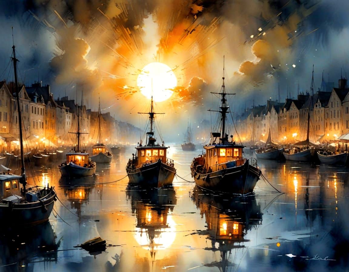 Moonlit Harbor in Watercolor Style