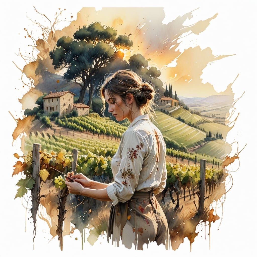 Idyllic Tuscan Vineyard Scene in Watercolor Style
