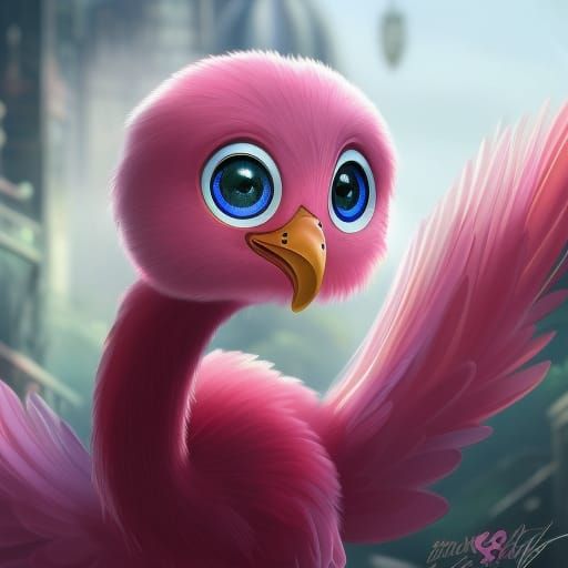 Adorable Pink Flamingo with Chibi Eyes in Digital Art