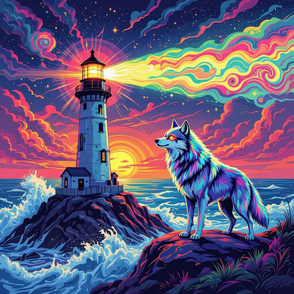Lighthouse Protected by Spectral Wolf in Psychedelic Style