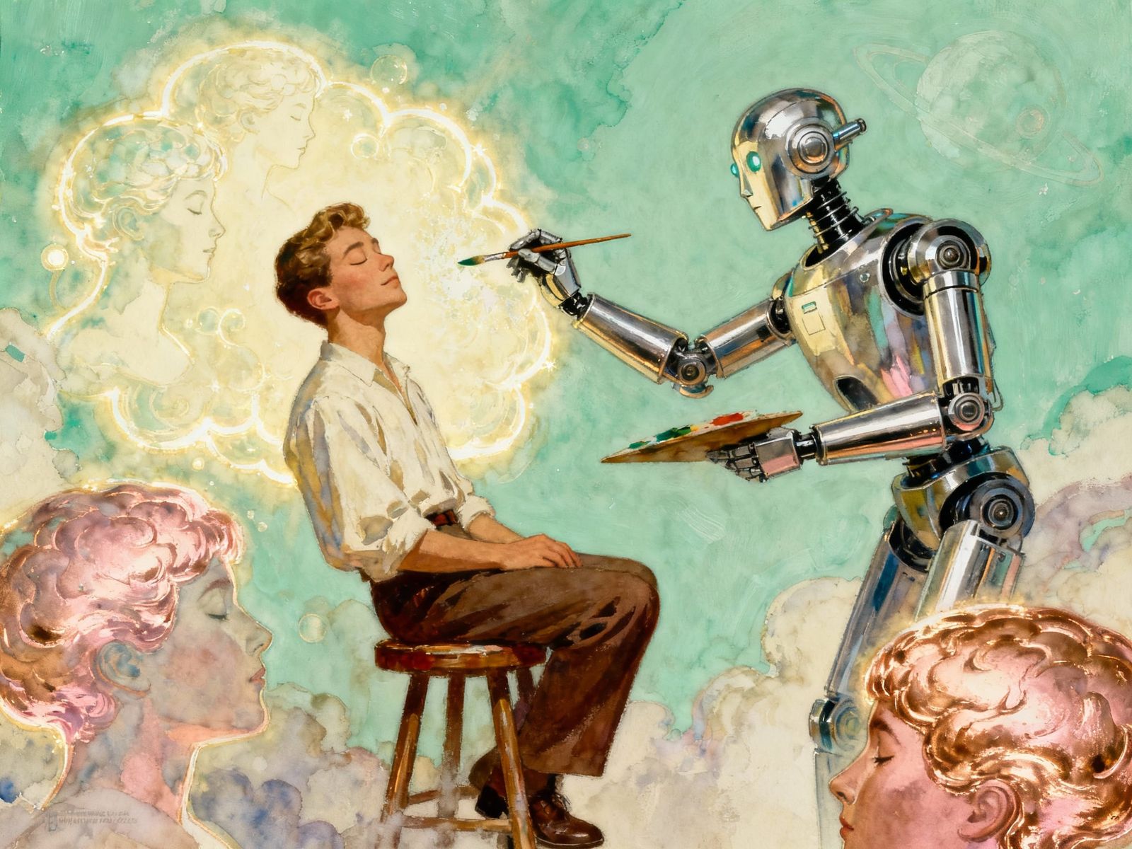 Retro Robot Artist Paints Dreams in Vintage Sci-Fi Style