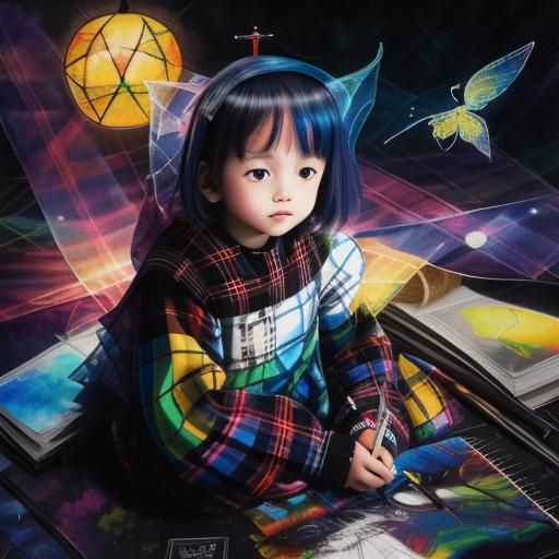 Tartan background ,Kid's drawing ,surreal child's drawing , ...