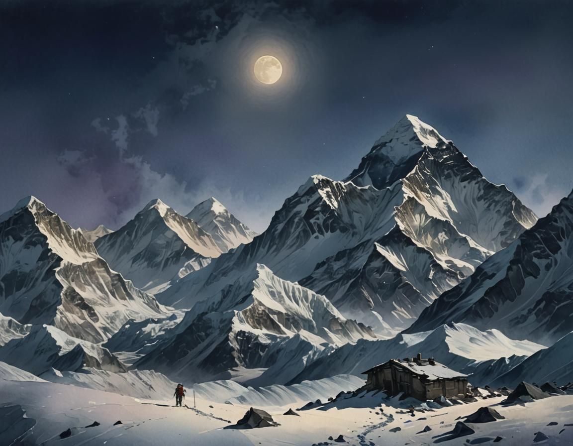 Everest Climber in Moonlight: Watercolor Film Still