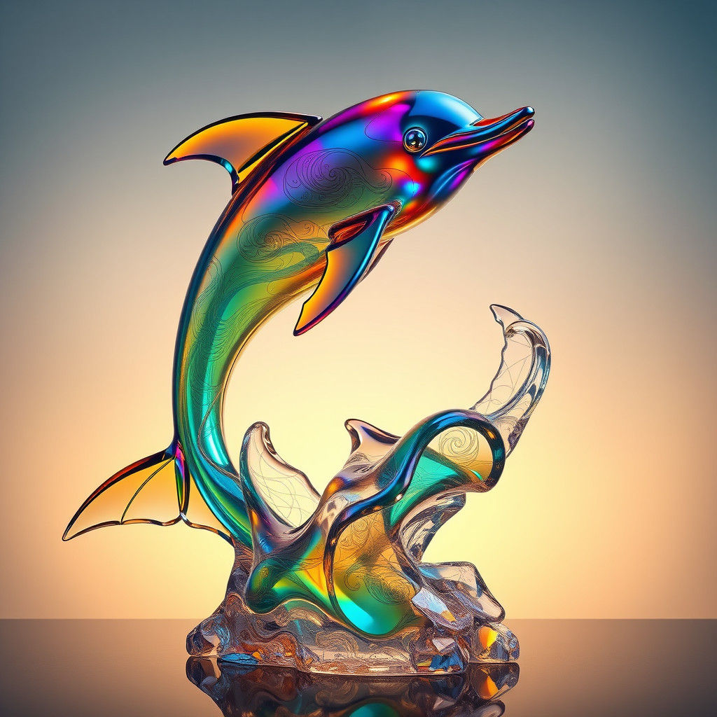 Iridescent Crystal Dolphin Statue in Matte Painting Style