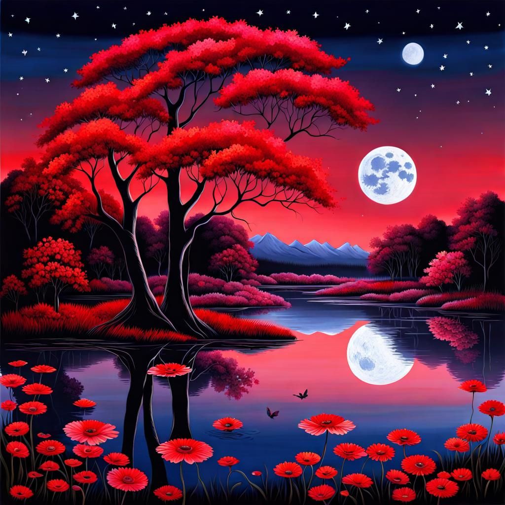 Moonlit Pond: A Detailed Night Painting