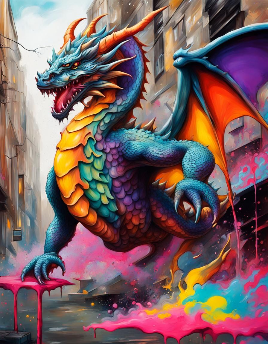 Colorful Dragon Flight in Graffiti Art Style