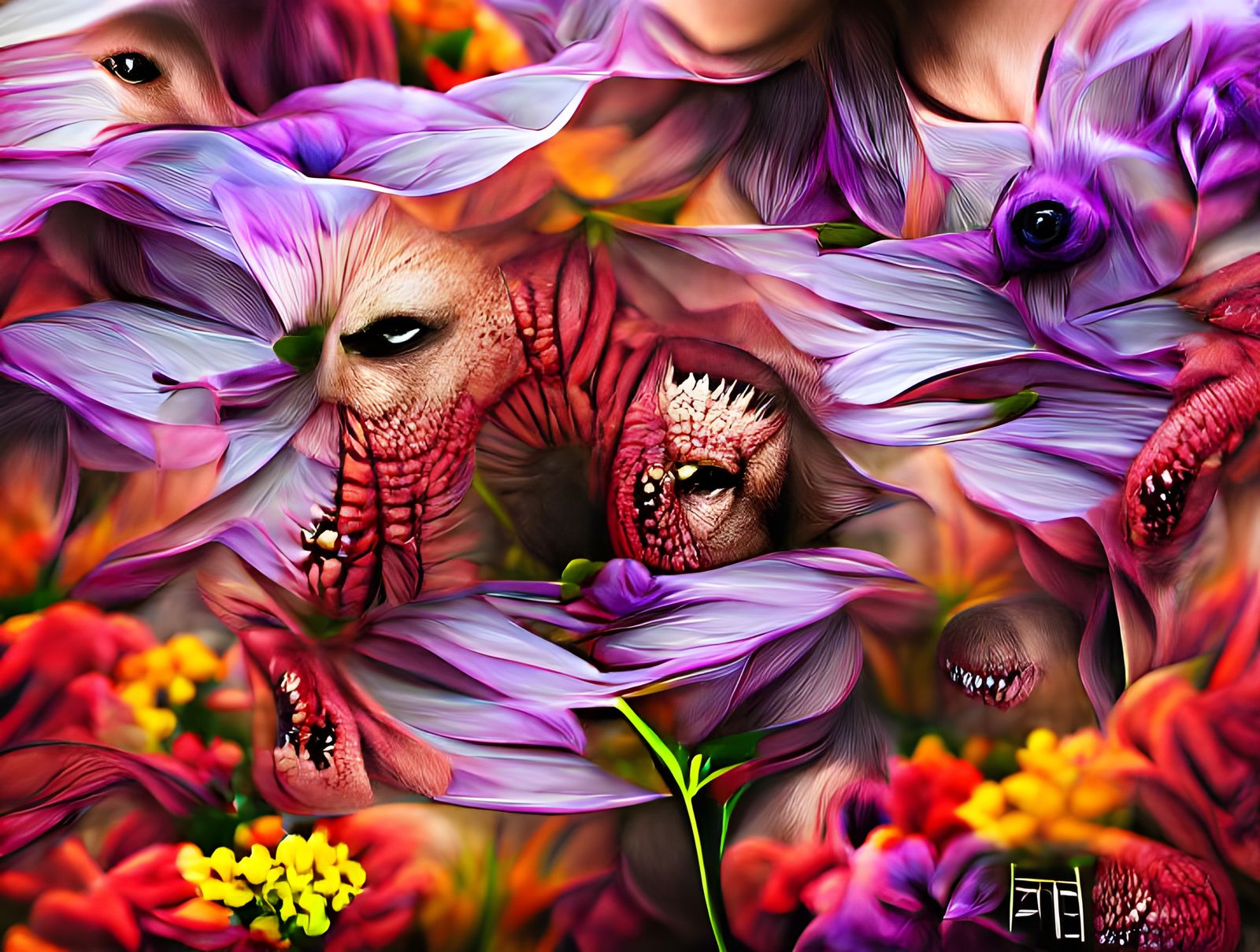 Horror Creature Emerges from Colorful Flowers