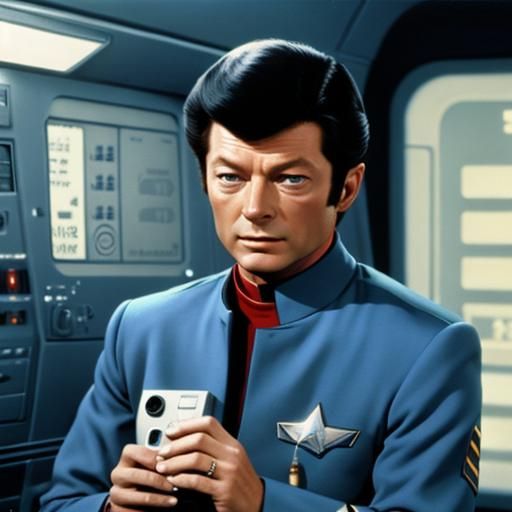 DeForest Kelley as Leonard McCoy in a blue Star Trek uniform, Holding a medical tricorder.