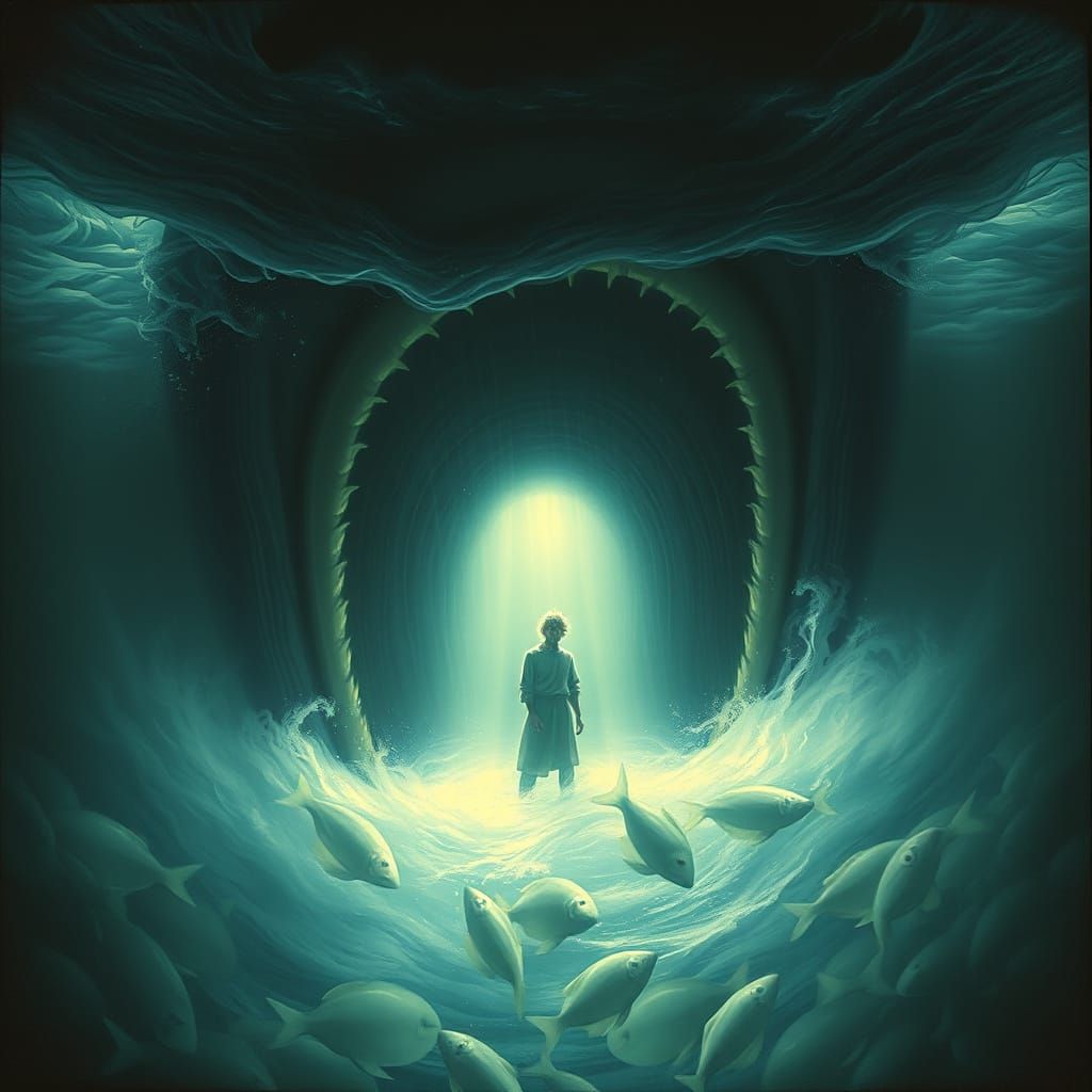 Ethereal Whale Confronts Jonah in Surrealist Vision
