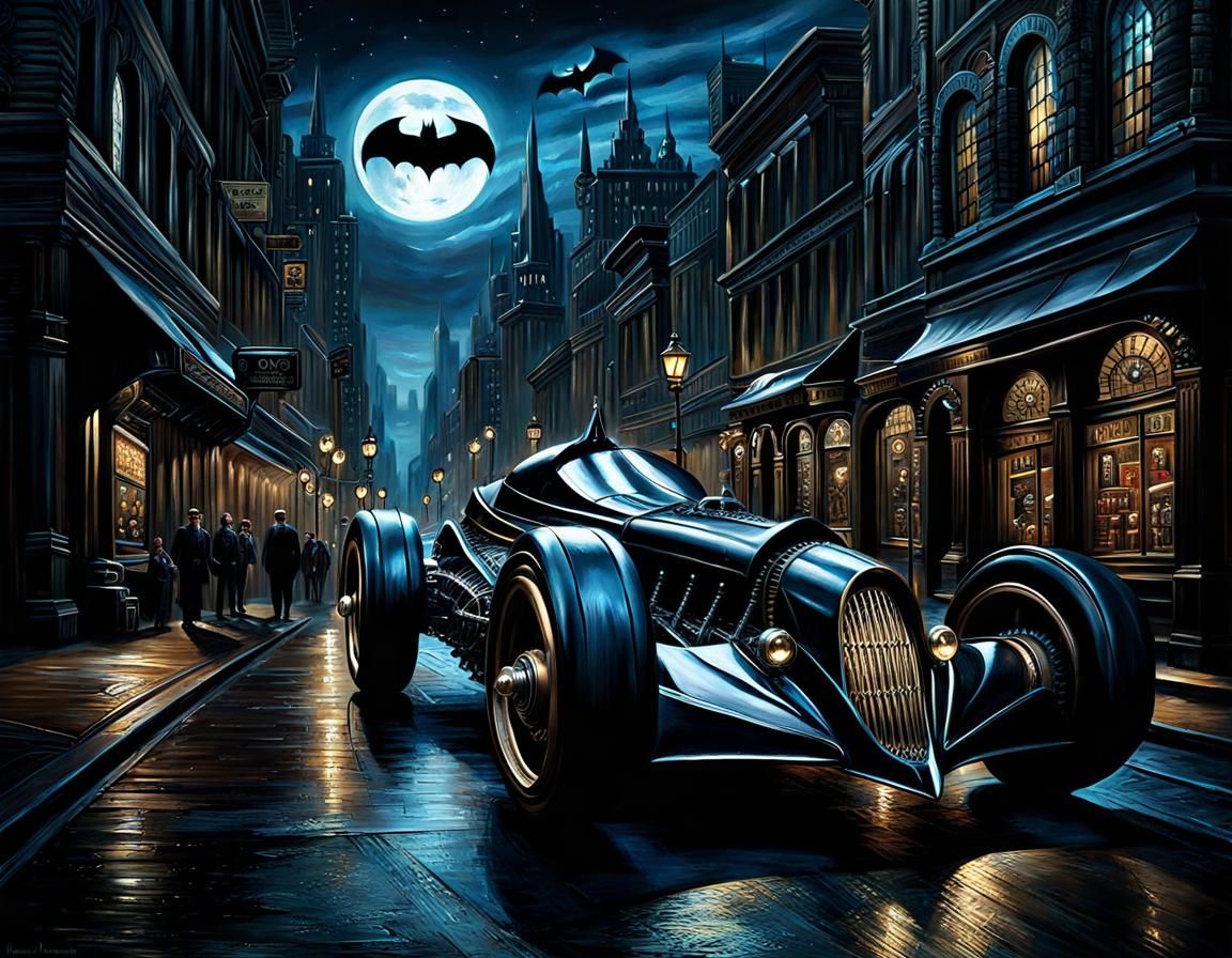 Steampunk Batmobile in Gotham, Detailed Digital Painting