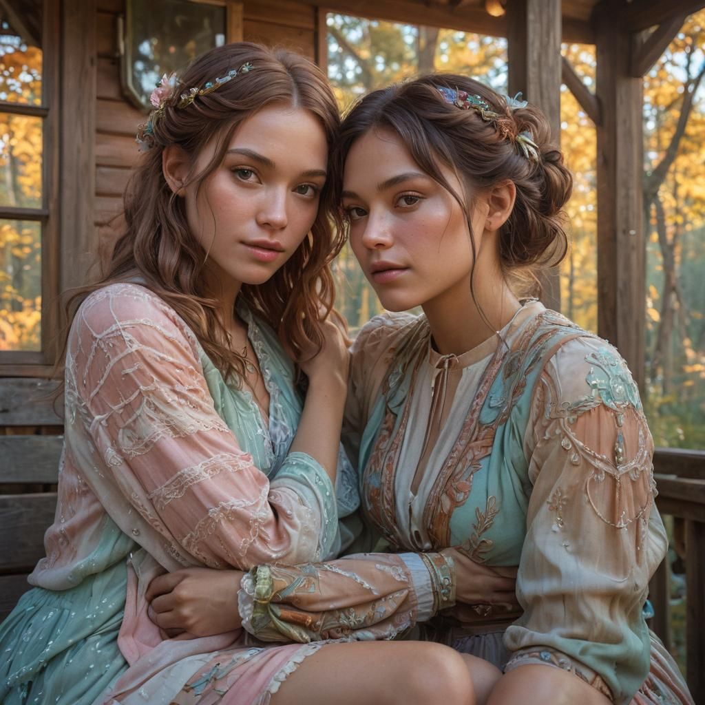 Fantasy Women Cuddling on Cabin Porch