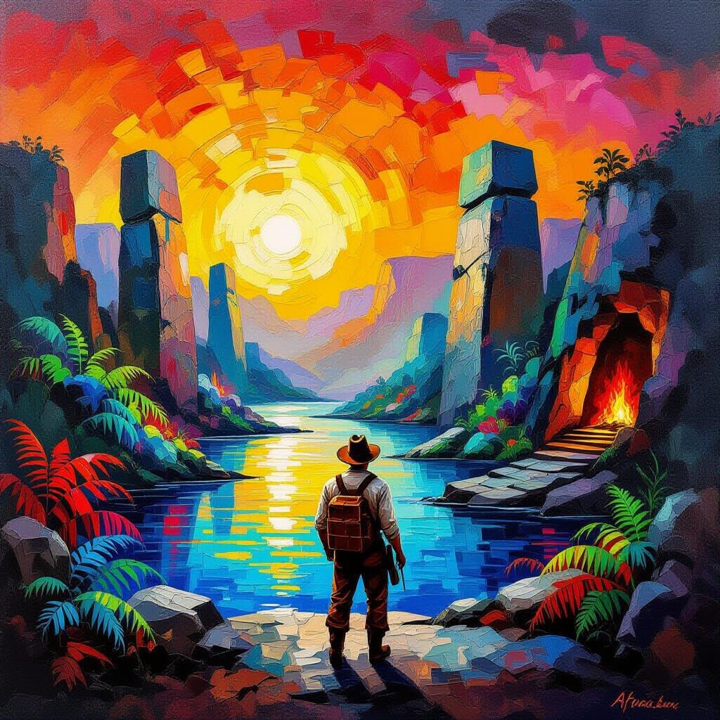 Explorer in Glowing Prehistoric Valley, Afremov Style