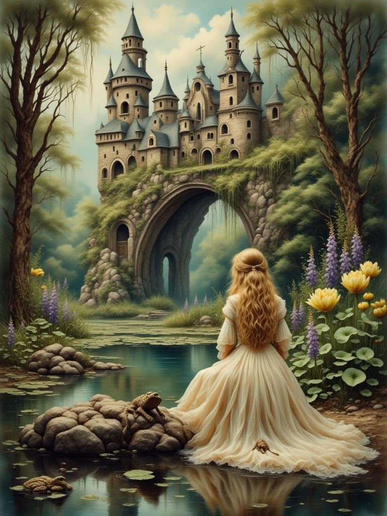 Fairytale Castle Garden Scene in Antique Watercolor Style