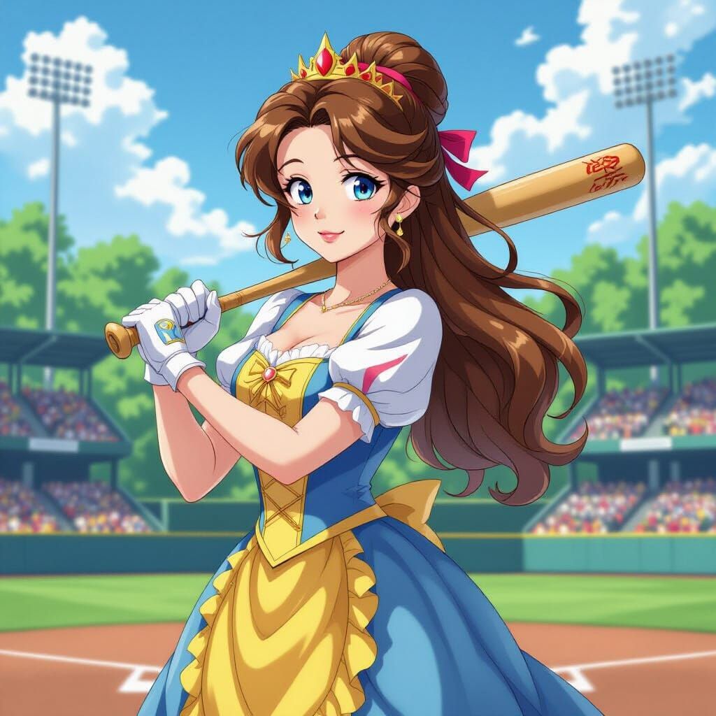 Hyperrealistic Anime Princess Belle Playing Baseball