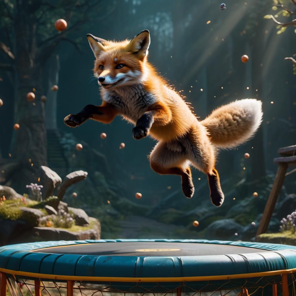 Playful Baby Fox Jumping on Trampoline