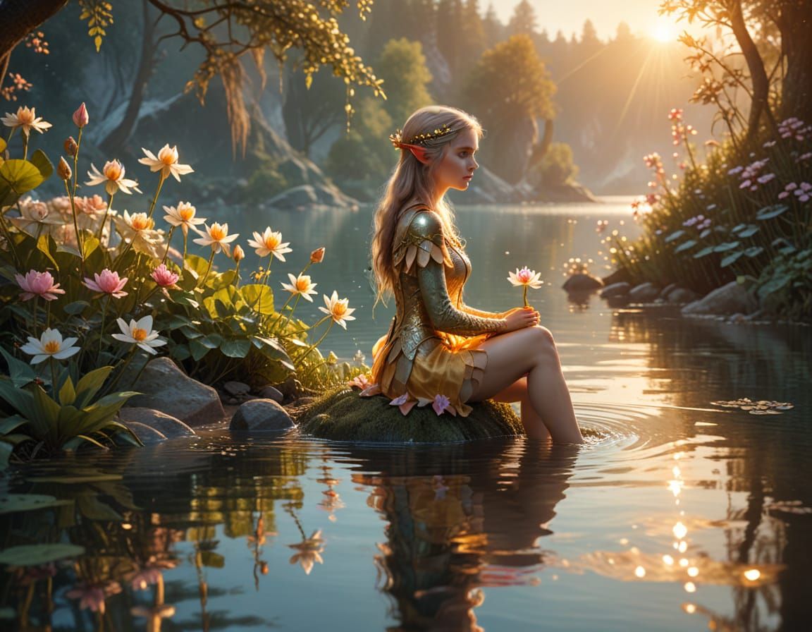 Elf by Lake Gazing at Flower: Fantasy Illustration
