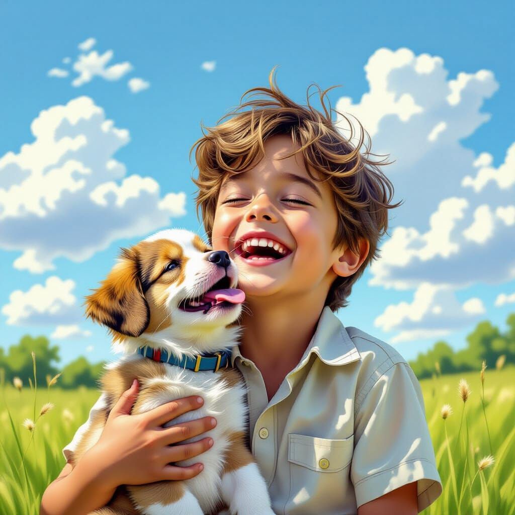 Boy and Puppy Share Joyful Moment in Green Pasture