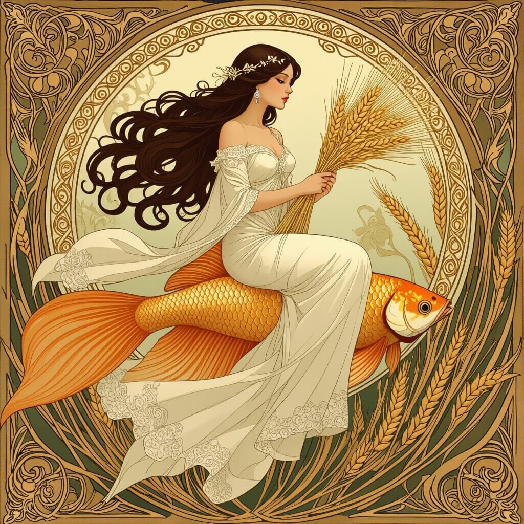 Virgo Woman Riding Golden Betta Fish in Mucha Style