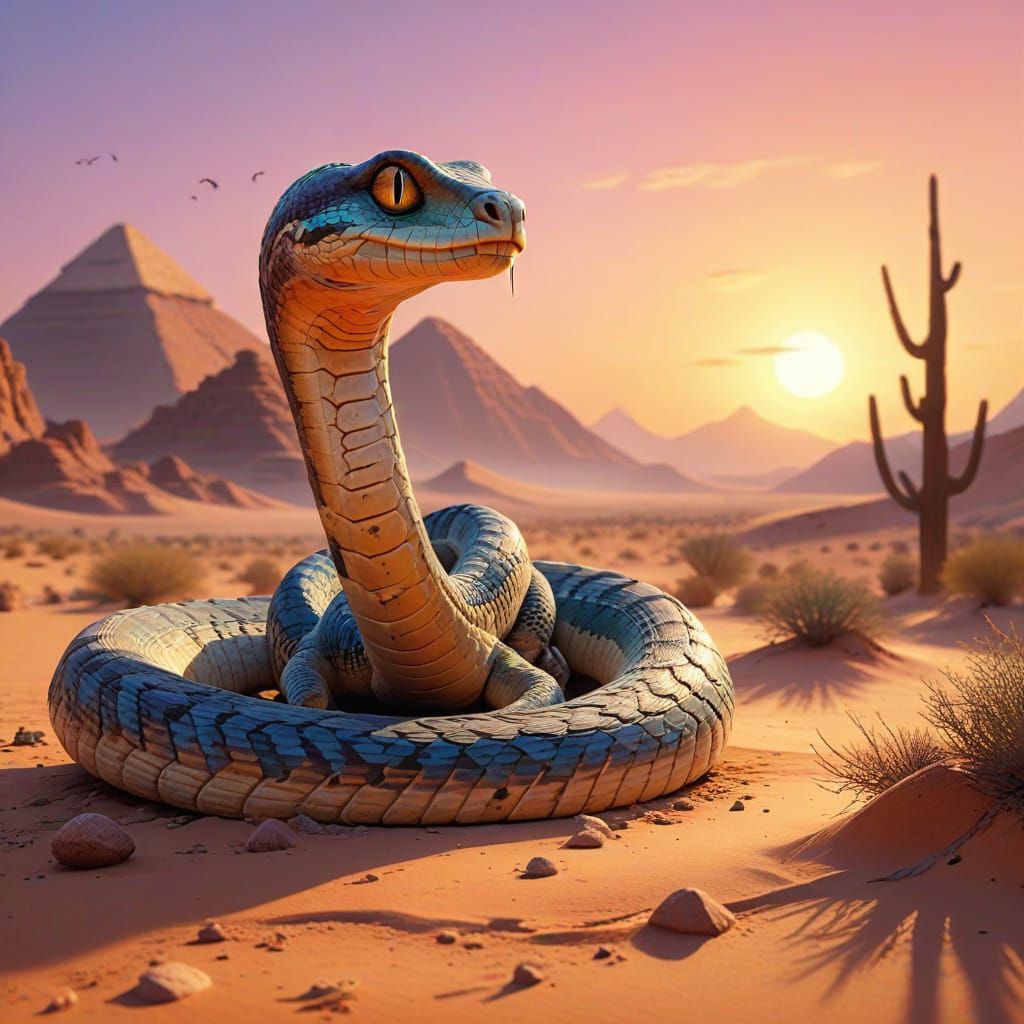 Semi-Realistic Desert Sunrise with Snake Playing Whistle in ...