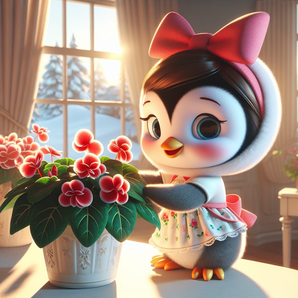 Disney Pixar style 3D adorable girl penguin, bow on her head...