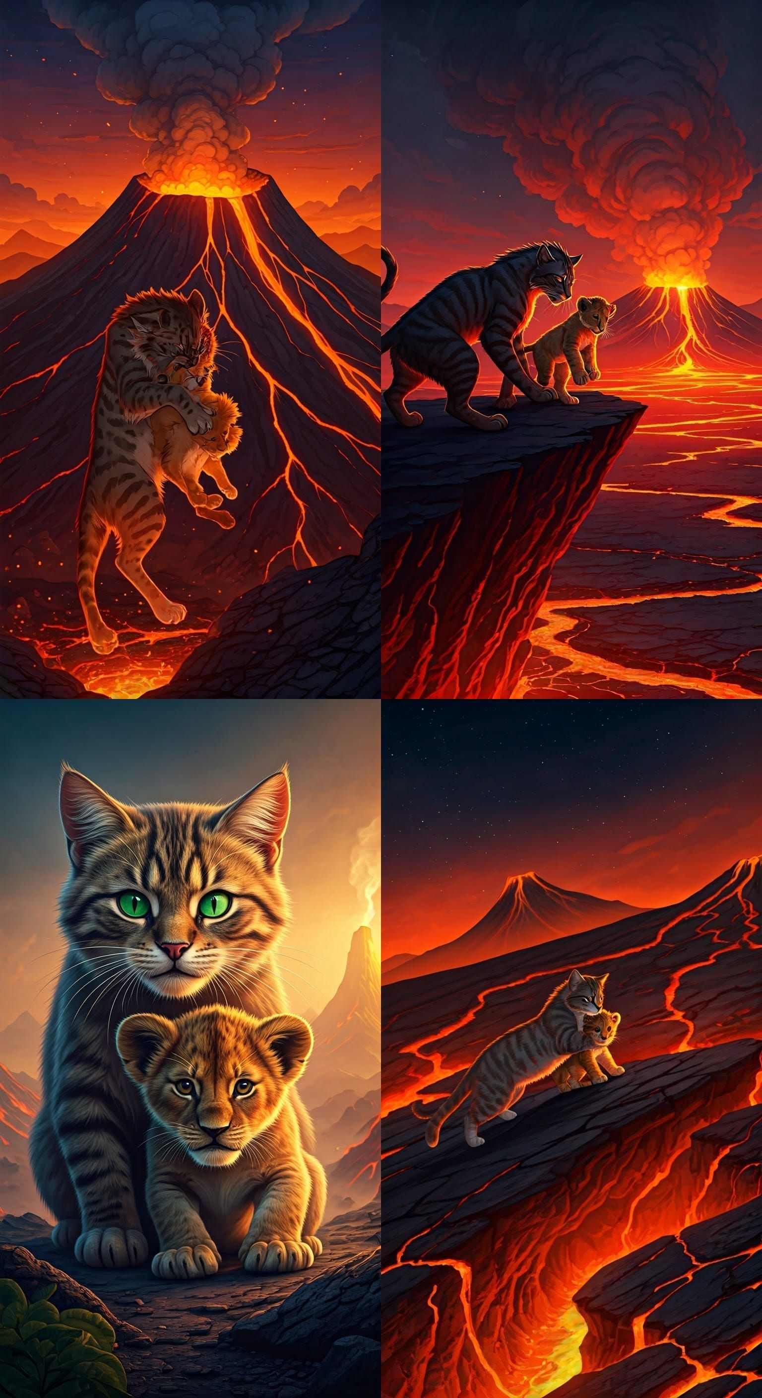 Cat Rescuing Lion Cub at Volcano Edge