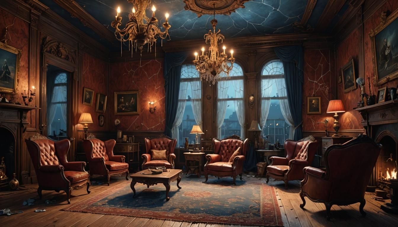 Grand Victorian Living Room in Disrepair at Dusk