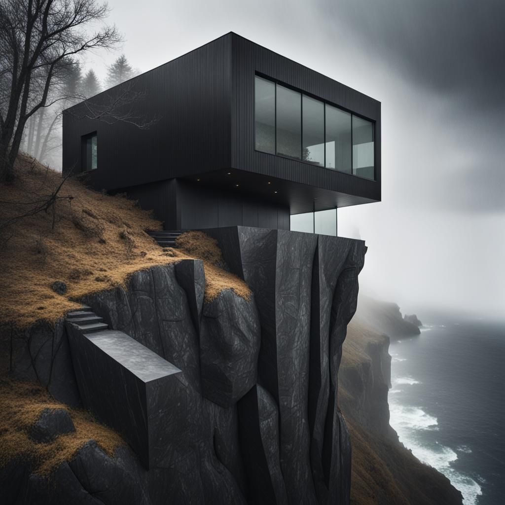 Sinister Black House on Cliff Edge in Rain