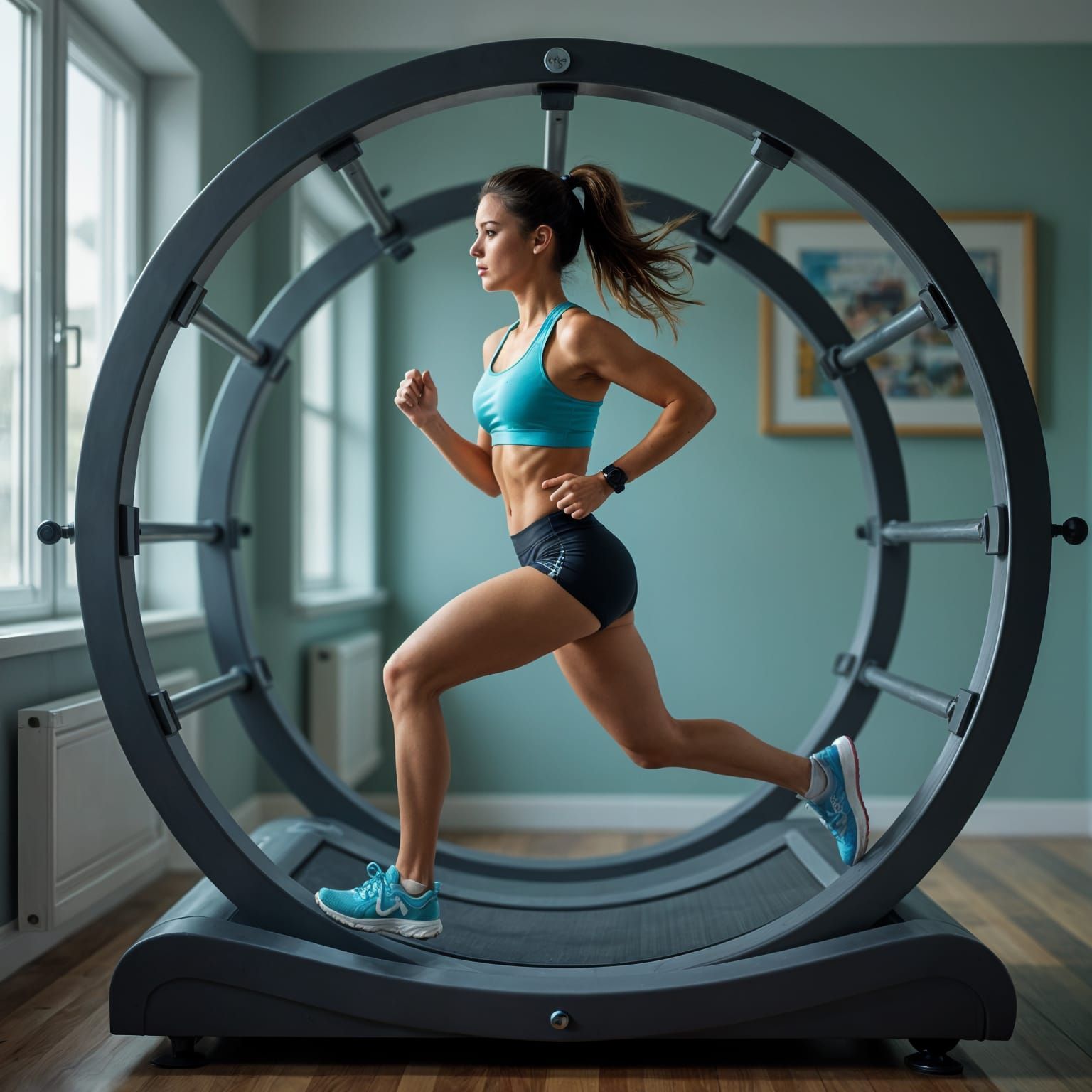 Woman Running in Hamster Treadmill Hyperrealistic Style