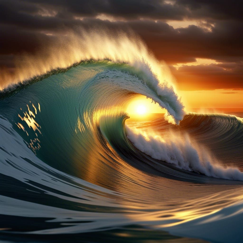 Giant Wave Cresting at Sunset: Detailed View