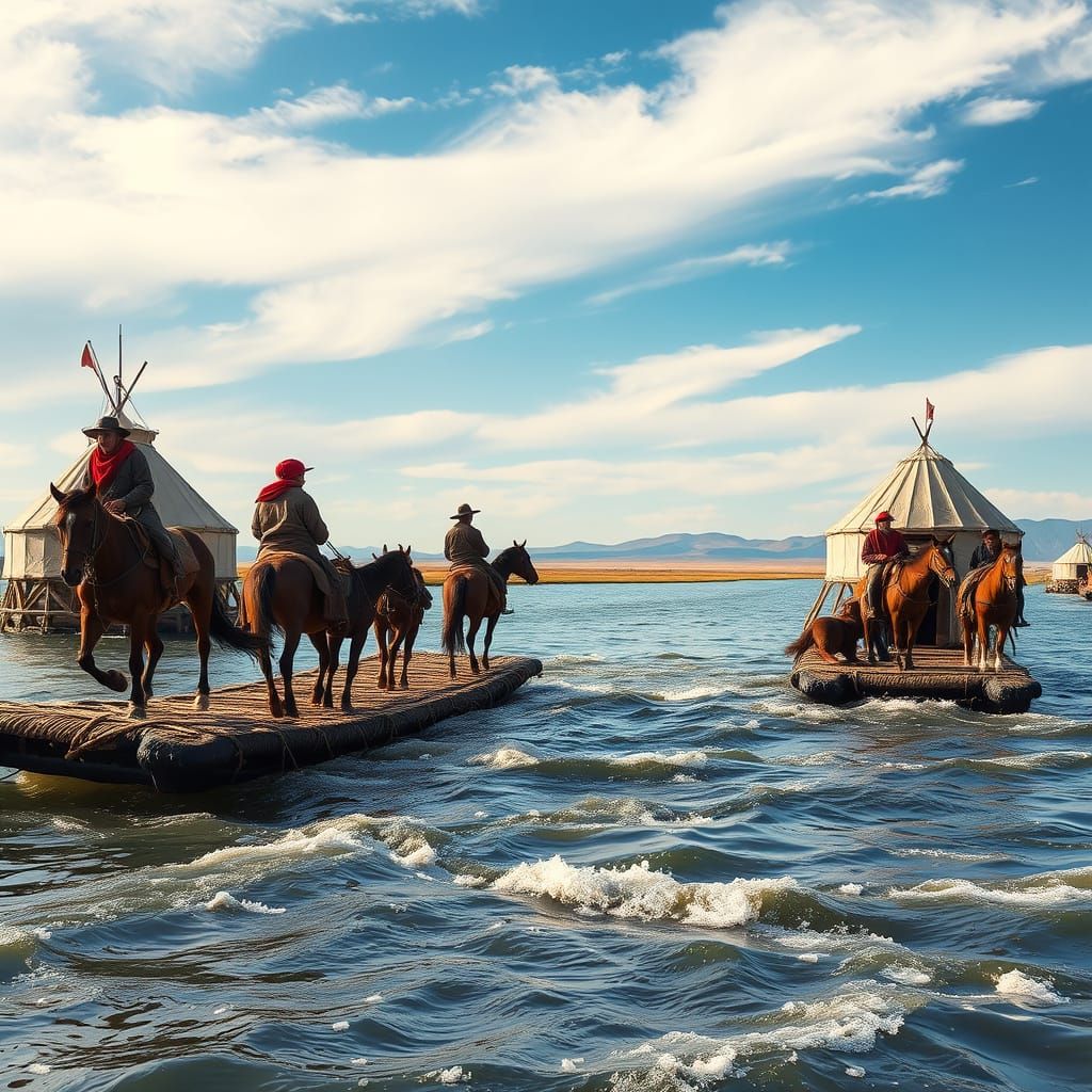 Mongol Nomads Cross River on Rafts in Ultrarrealism