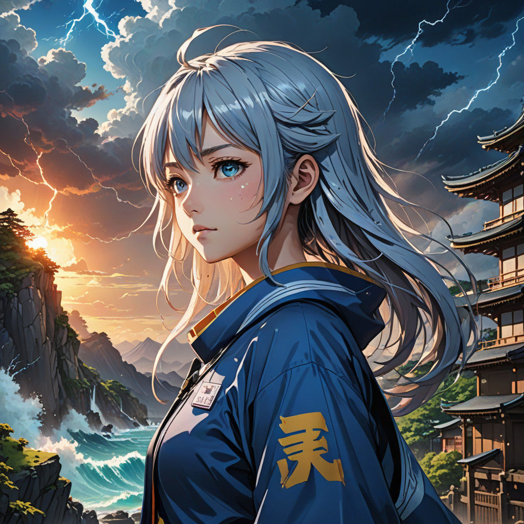Japanese Anime Goddess Stands Heroically on Stormy Cliffside