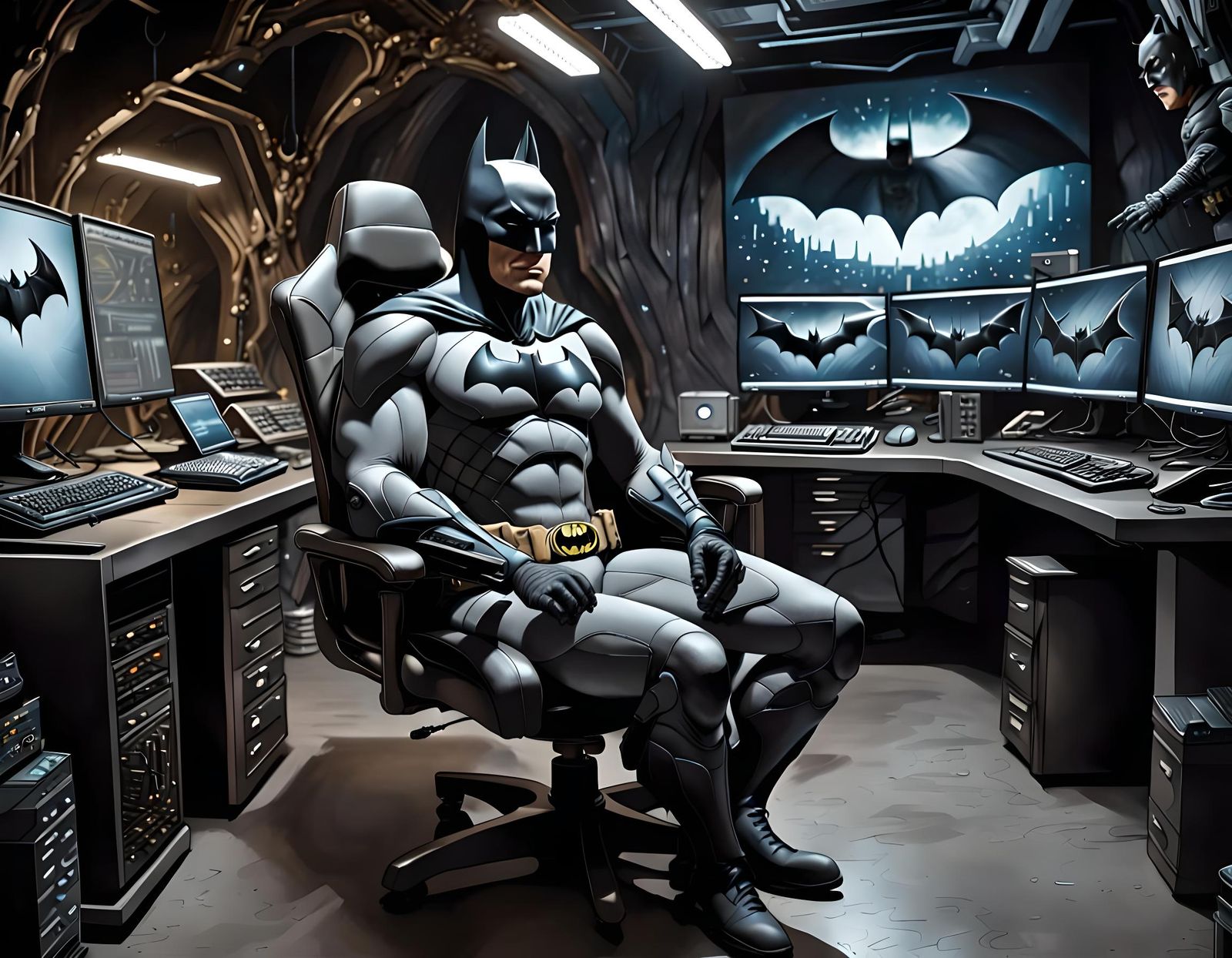 Batman in Hyperrealistic Batcave with Bat Computer