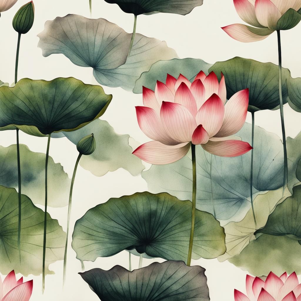 Lotus Flowers in Chinese Ink Wash Style