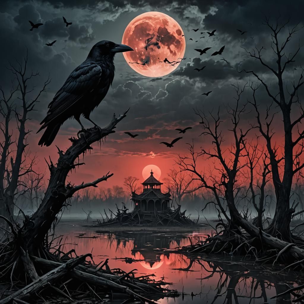 Eerie Swamp Crow Under a Gloomy Moon