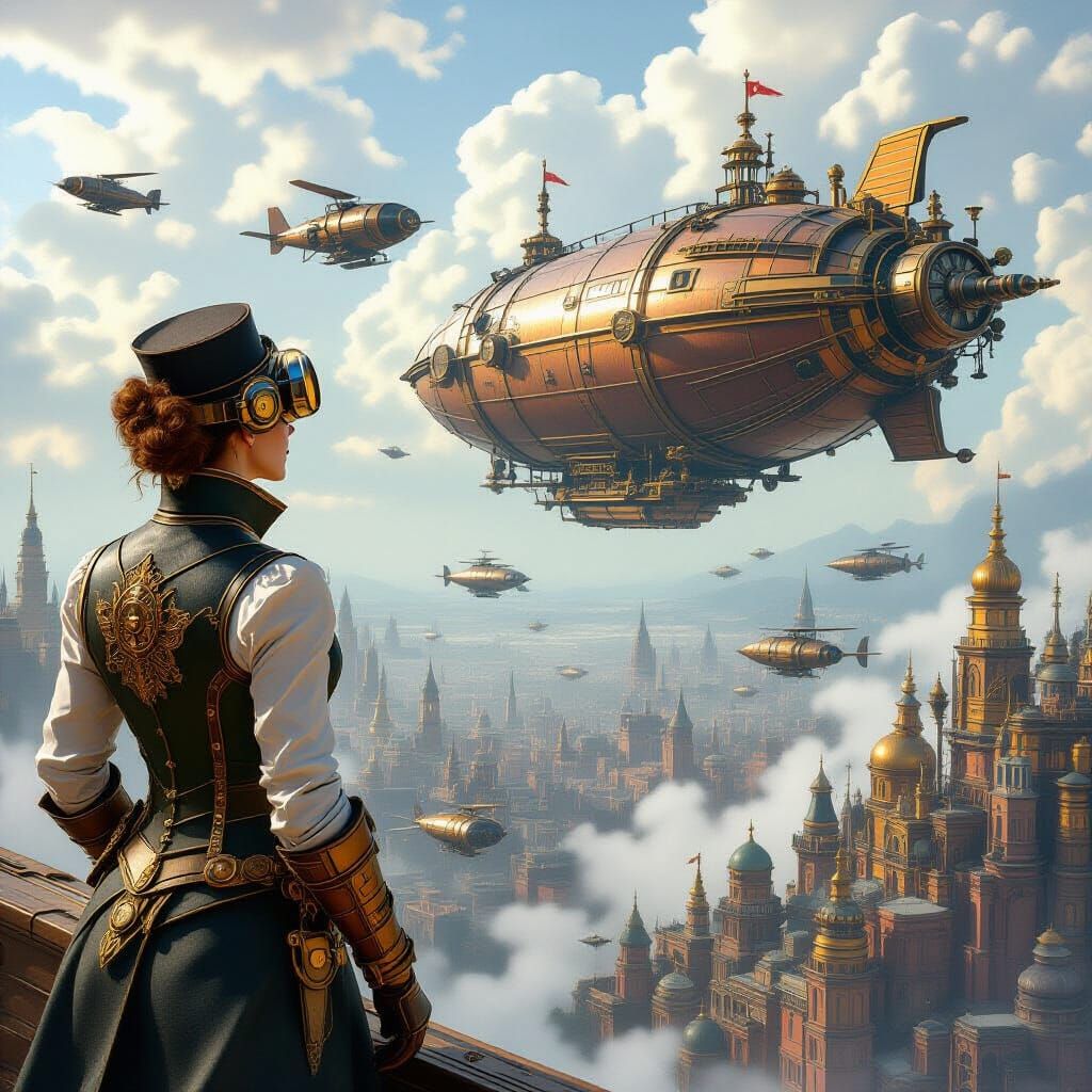 Victorian Explorer on Colossal Airship Over Steampunk City