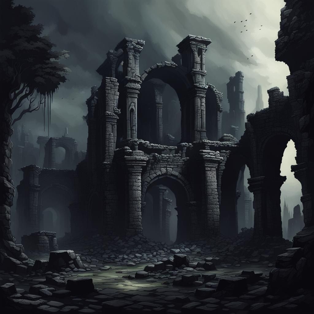 Grimdark Fantasy Ruins in Dark Colors