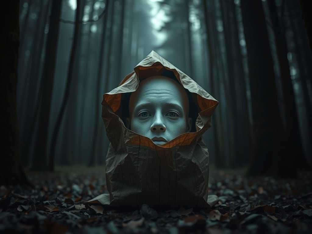 Mysterious Head in Bag in Dark Forest